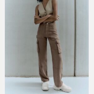 Zara Women's Brown Linen Blend Cargo Straight Leg Pants Size 6